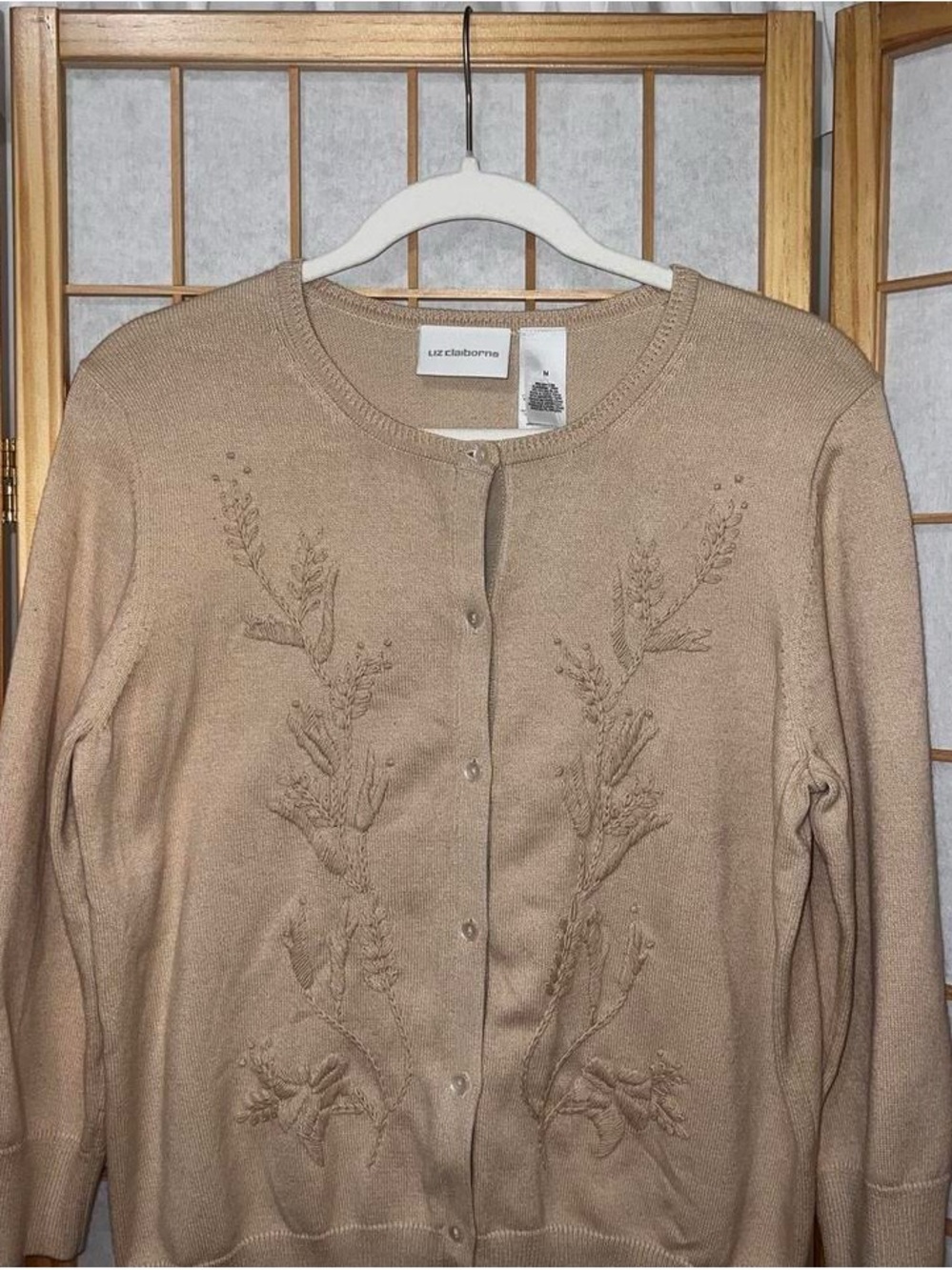 Liz Claiborne Taupe Embroidered Button-Front Cardigan